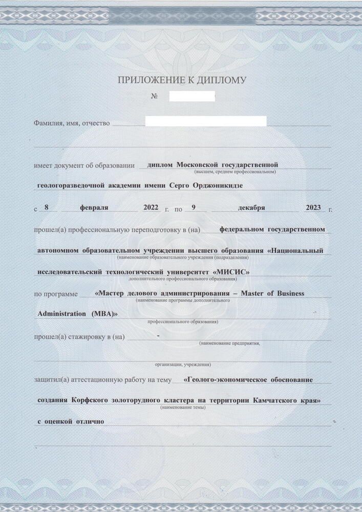 На изображении пример приложения к диплому MBA