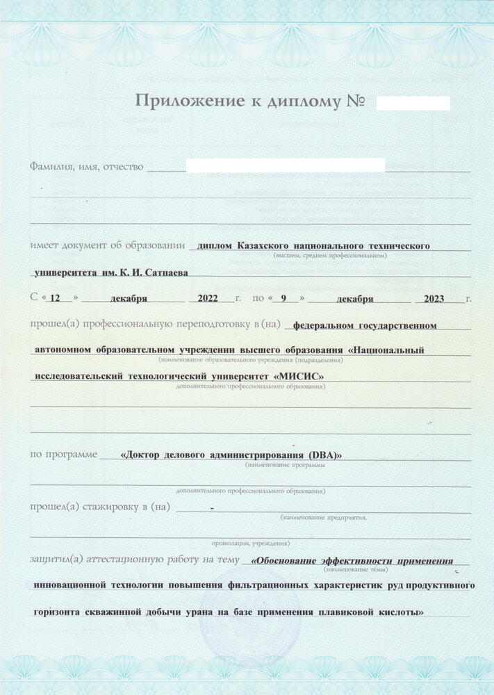 На изображении пример приложения к диплому DBA