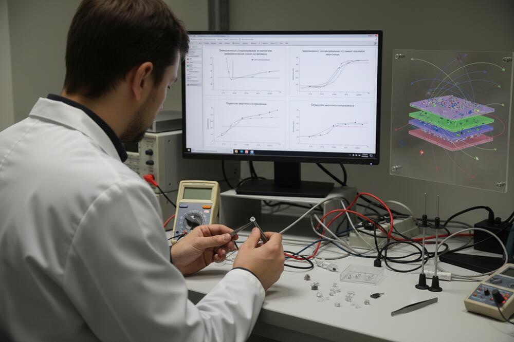 Фото, сгенерированное ИИ. Ученый исследует магнитный кристалл.